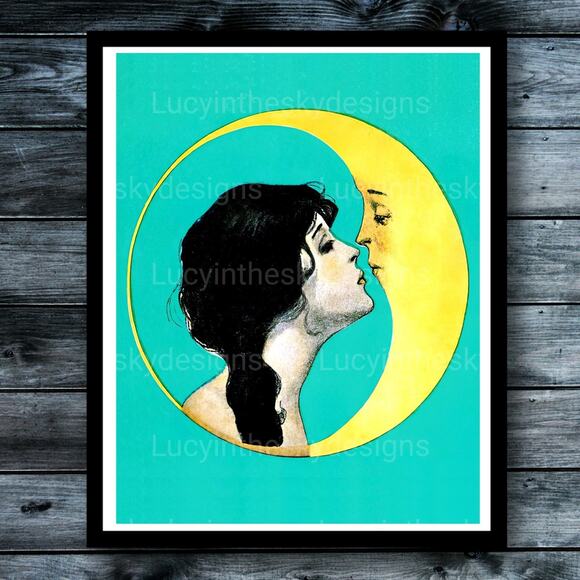 Handmade Other - Lady Kissing Moon Vintage Surreal Painting Moon Star Celestial Art Print